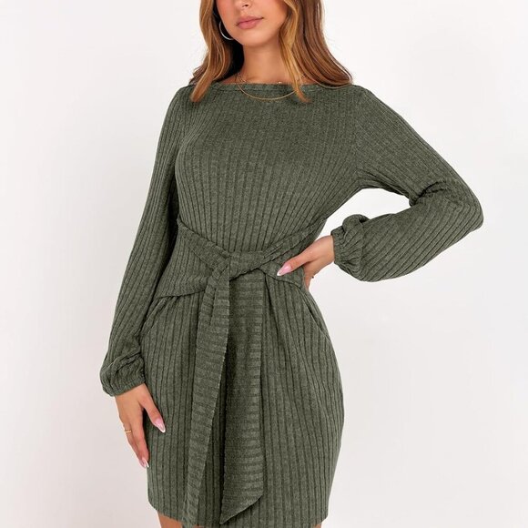 Women's Fall Dress Long Lantern Sleeves Ribbed Knit Tie Waist Mini Casual - Picture 3 of 7